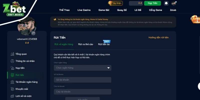 Rút tiền về tài khoản ngân hàng từ Zbet